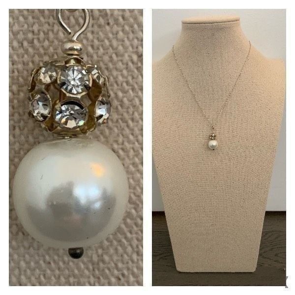 Vintage Sterling Silver, Gold & Pearl Pendant Necklace with Crystals + 18” Chain