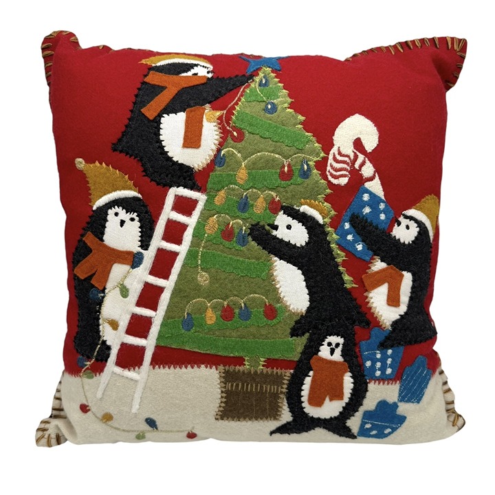 Pier 1 Penguin Christmas Tree Throw Pillow Coussin Felt Wool Embroidered 16” NEW
