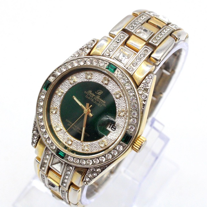 Peire Bernie Watch Mens Gold Tone Stainless Steel Rhinestones Classic Black Dial