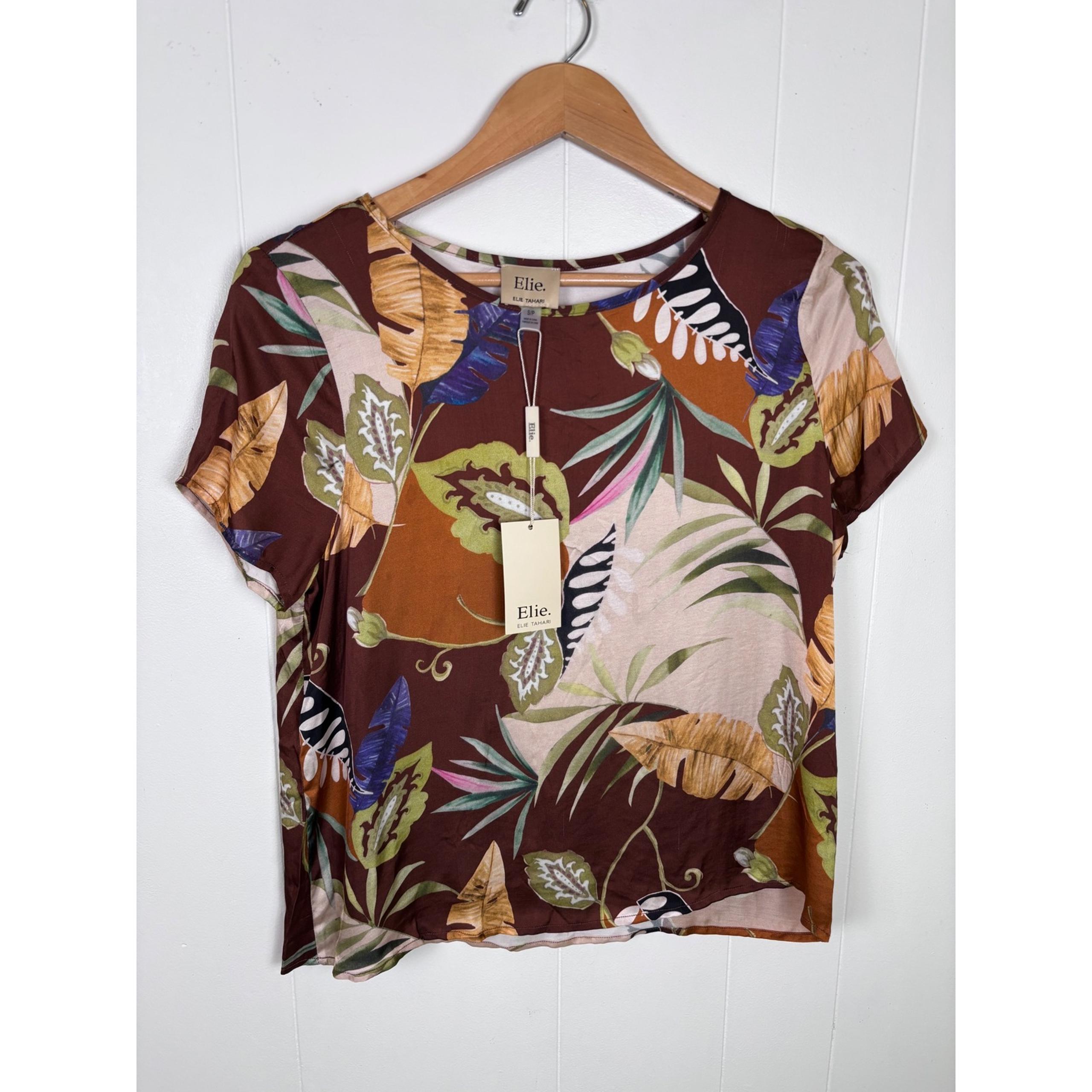 Elie Tahari Blouse Floral Print Short Sleeve Viscose Top Brown Small - READ
