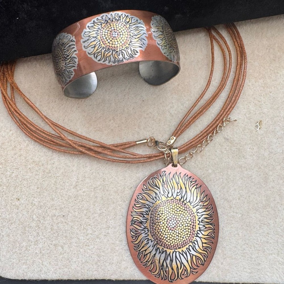 Reed & Barton Damascene Sunflower Oval Pewter Pendant Necklace and Cuff Bracelet