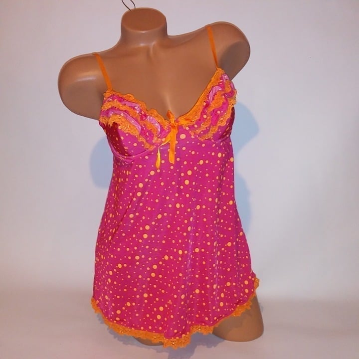 Victoria Secret Lingerie Babydoll 36B Pink Orange Ruffle Trim Polka Dot 2006 Sex