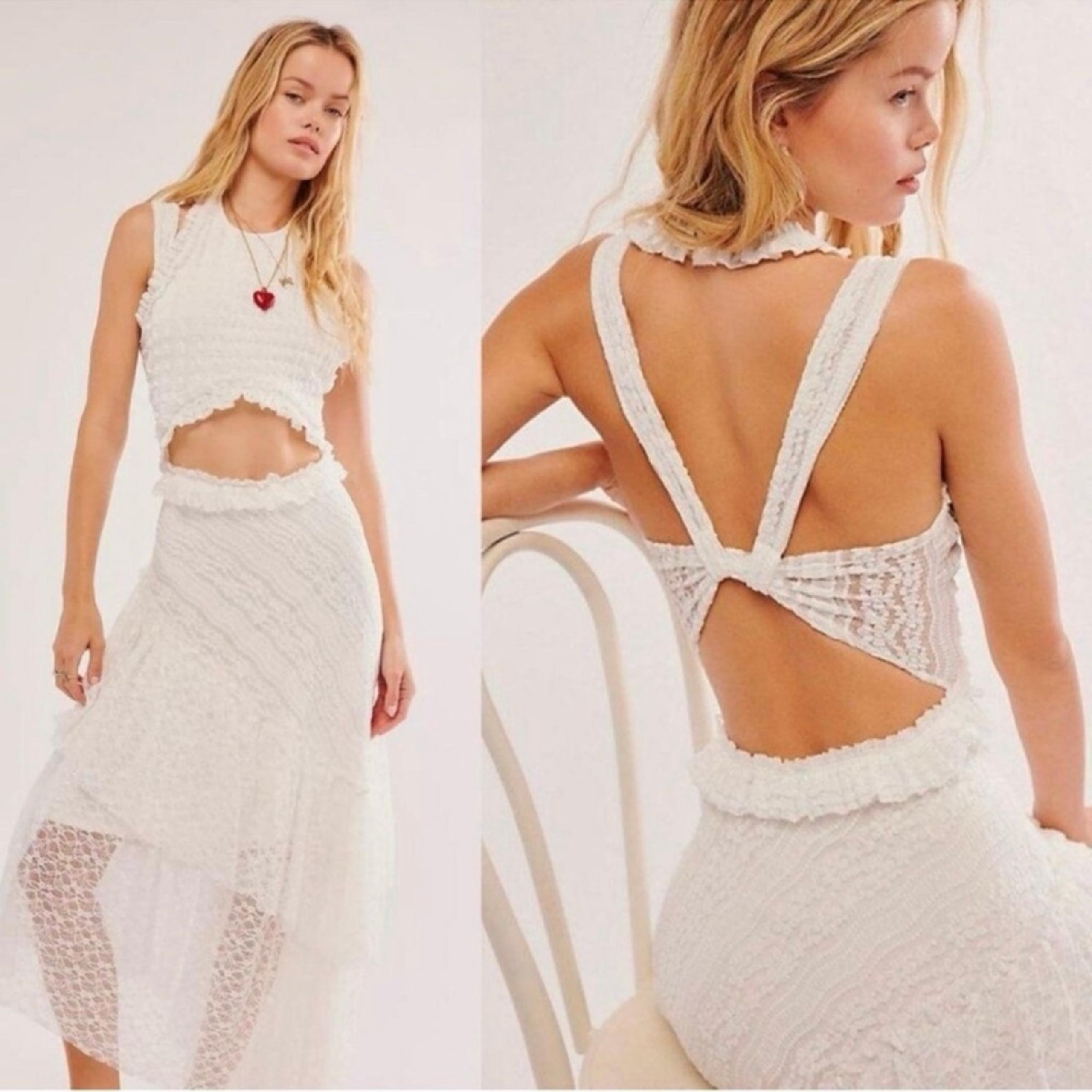 Free People Boho White Lace Cut Out Aspen Moon Whimsical Maxi Dress L