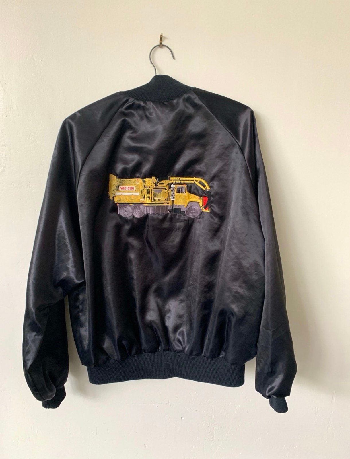 Vintage Trucker Truck Satin Bomber Jacket 1980's 80's Black Satin Bomber Jacket