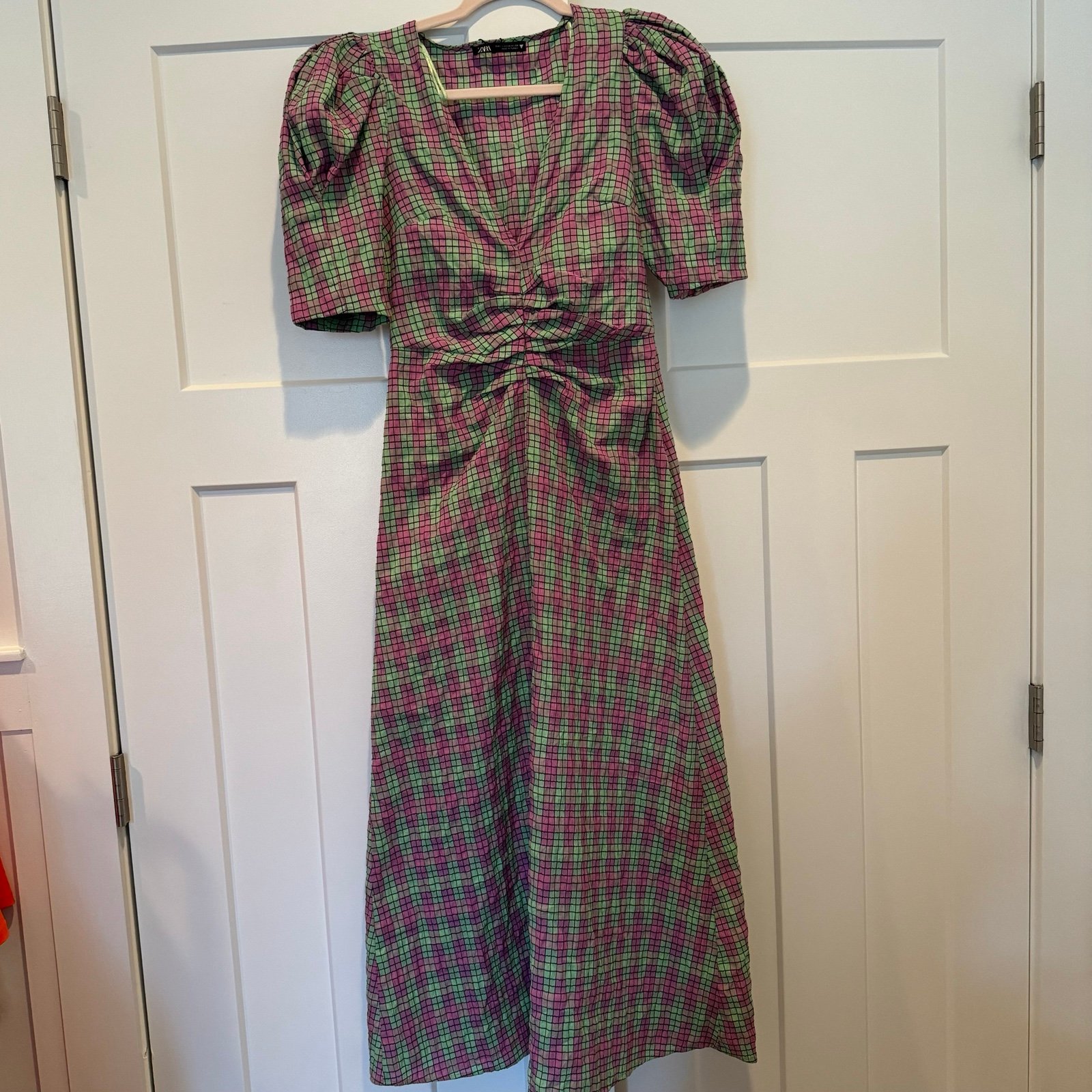 Zara new plaid checkered green purple puff sleeve maxi dress size XS