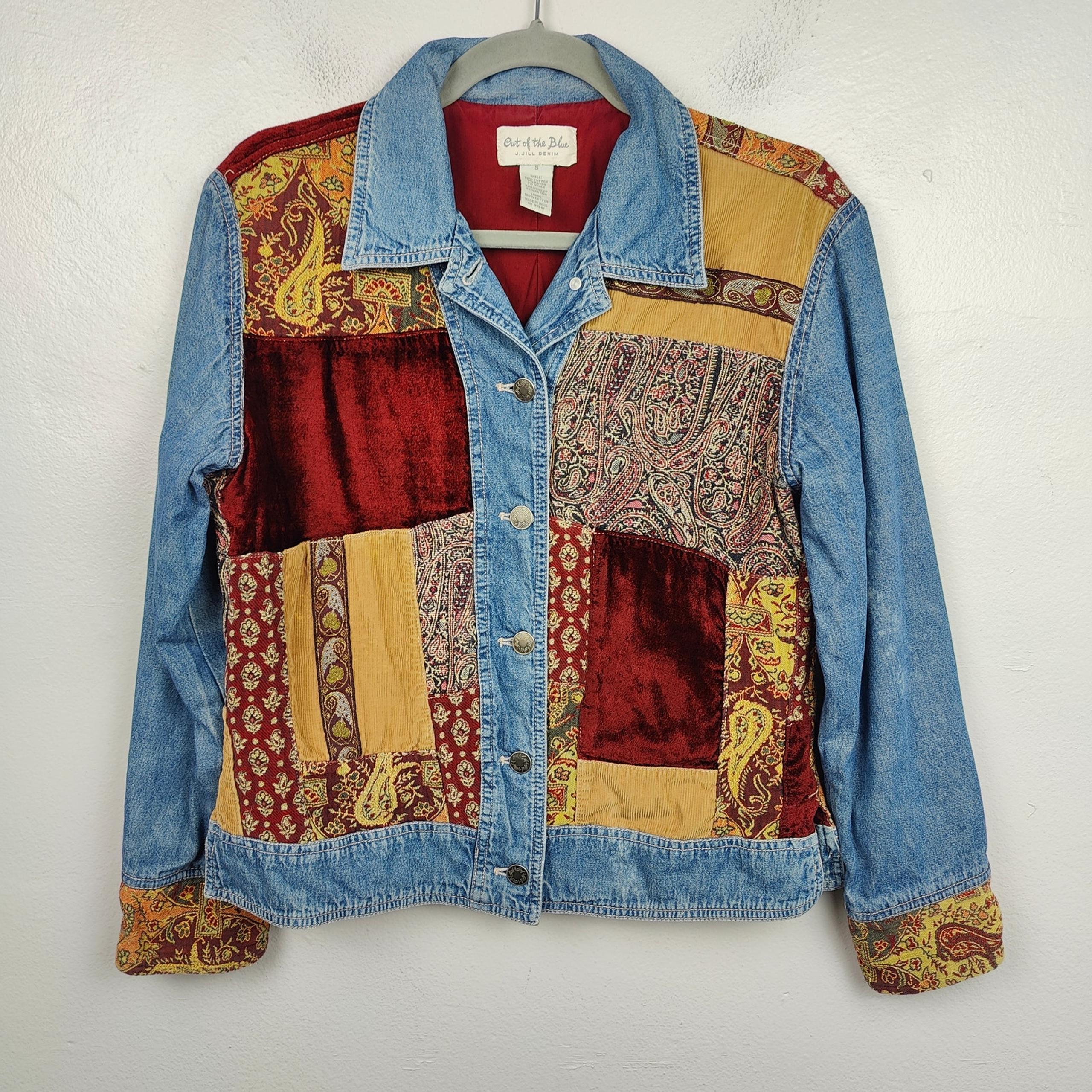 J Jill Out of the Blue Patchwork Denim Jacket Womens Small 90s Tapestry Velvet