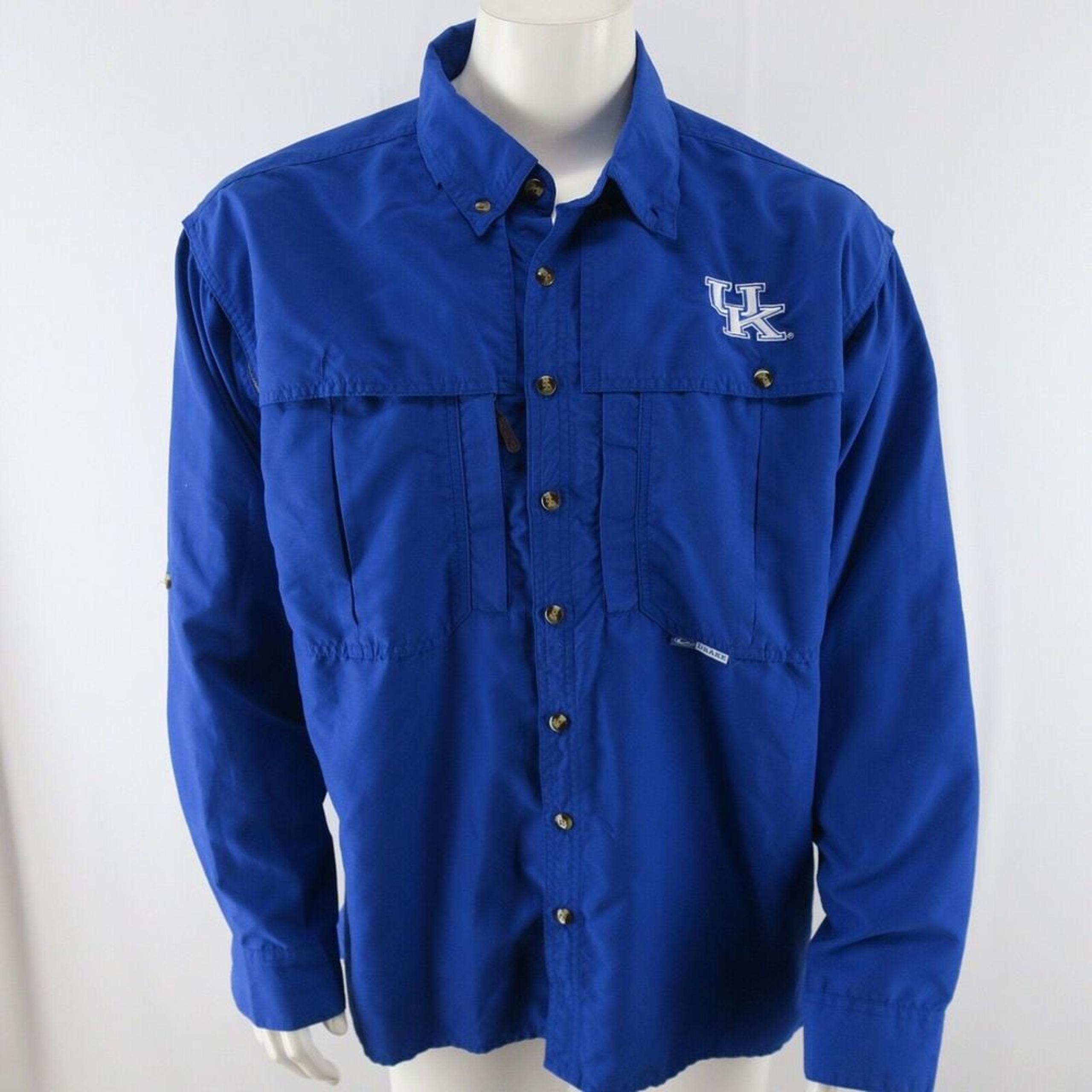 Drake University of Kentucky Button Up Vented Fishing Shirt Mens L Blue