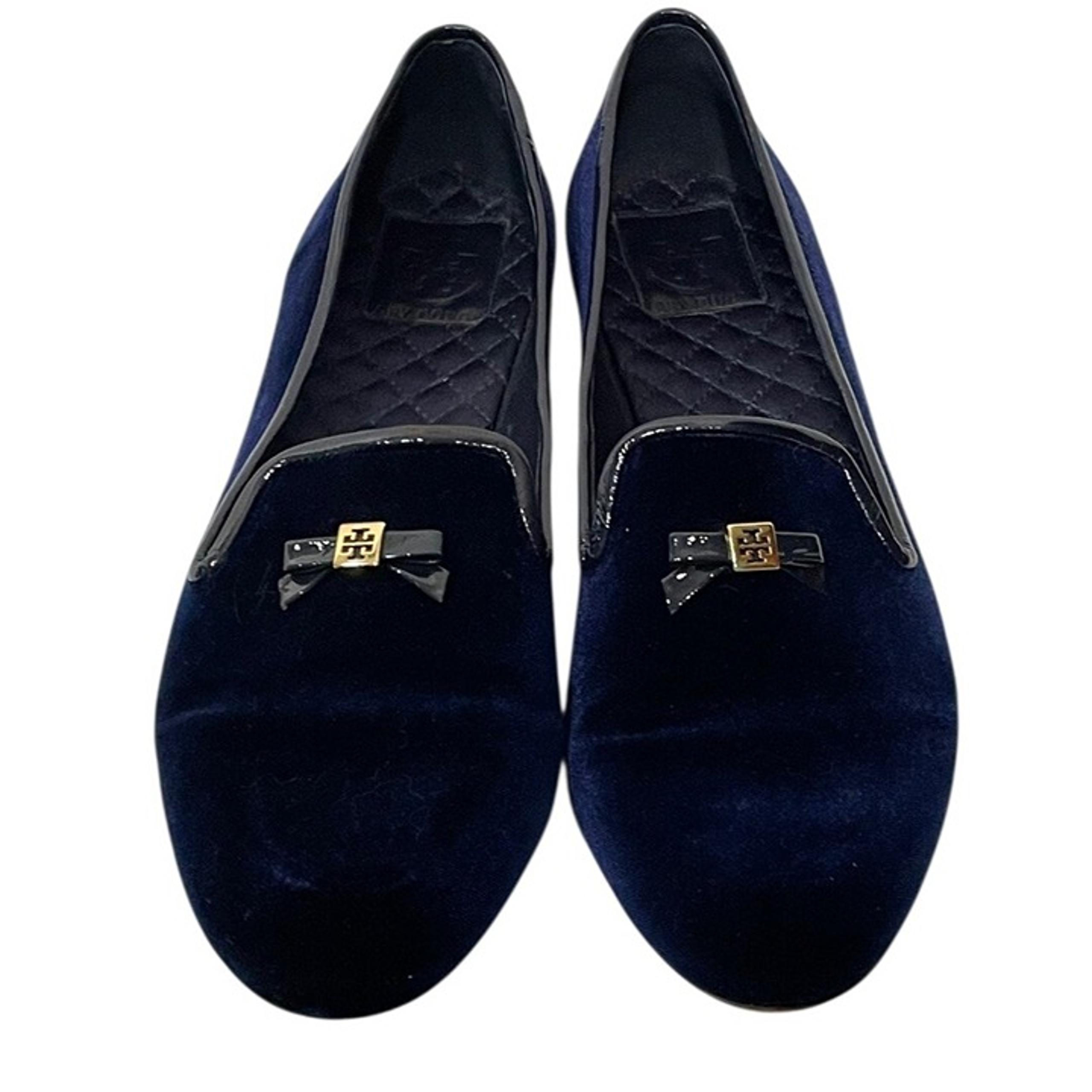 Tory Burch Womens Velvet Loafers Blue Sz 11M Bow Logo Accent Slip On Flats Shoes