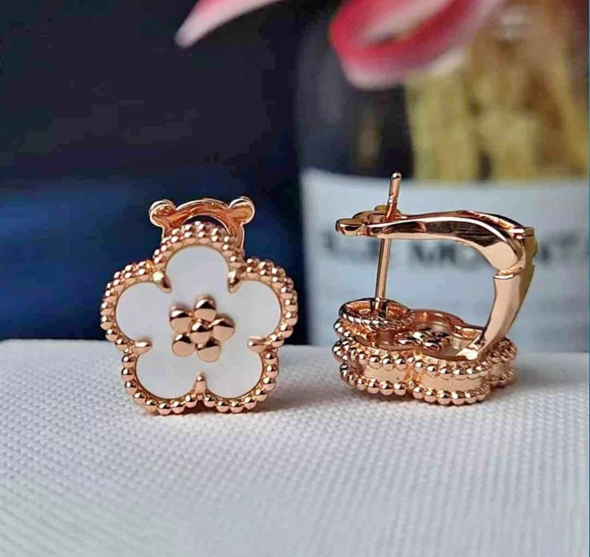Lovely delicate Mother of Pearl Flower Omega Backs Earrings