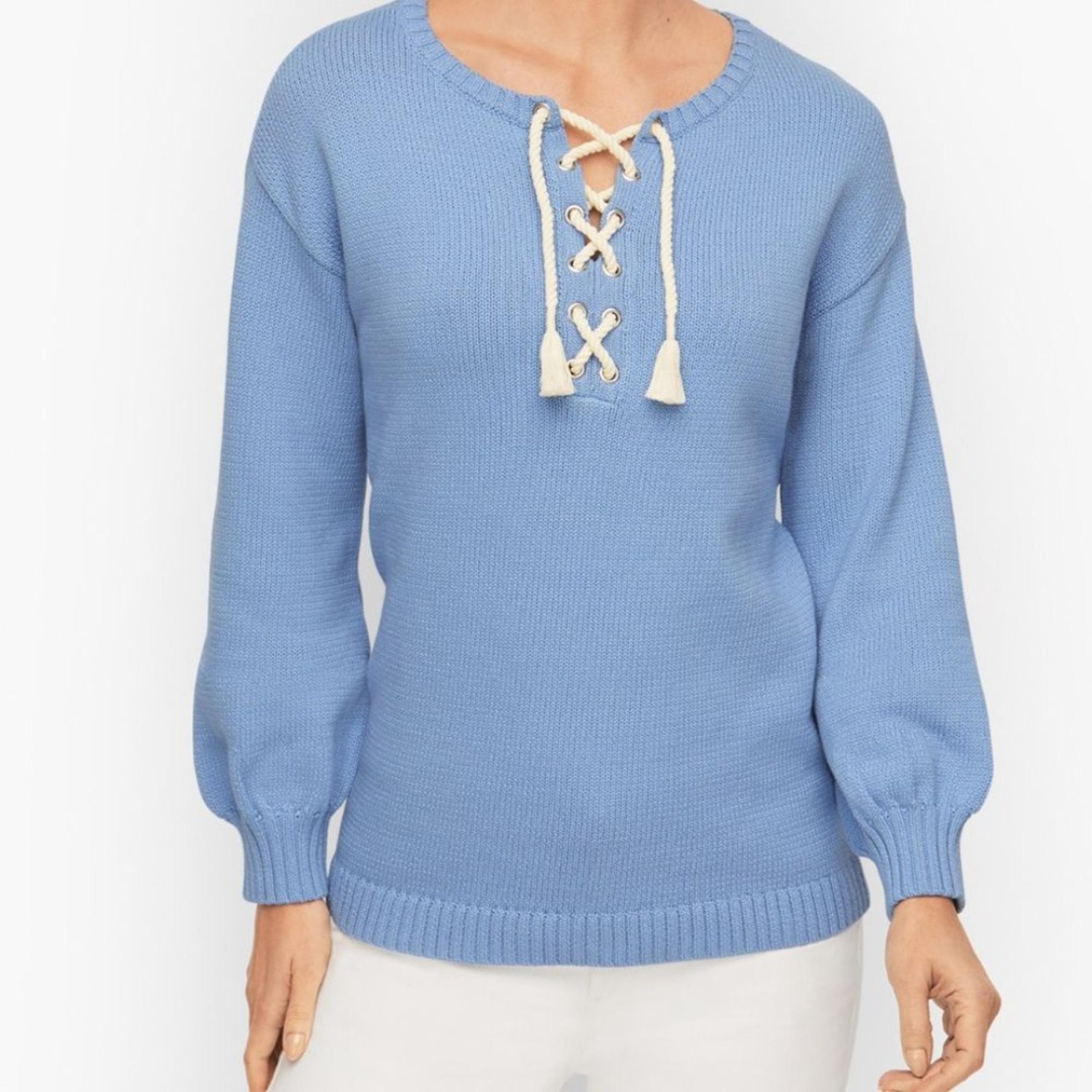 Cotton Blend Lace Up Sweater Blue size P (Small Petite) - Talbots
