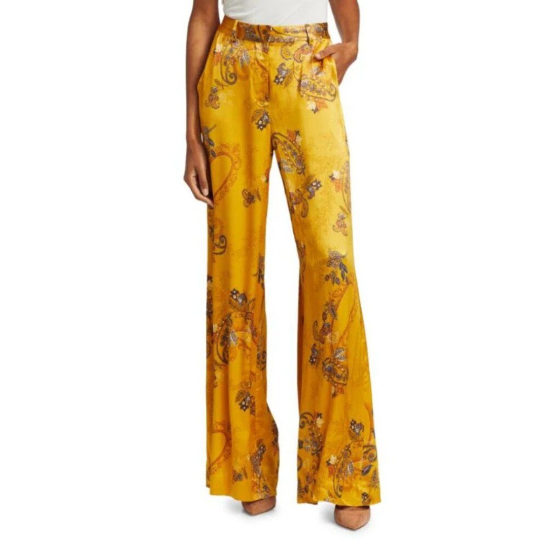L'Agence Pilar Wide Leg Satin Pants Arrowwood Ivory Yellow Paisley NWOT Size 14