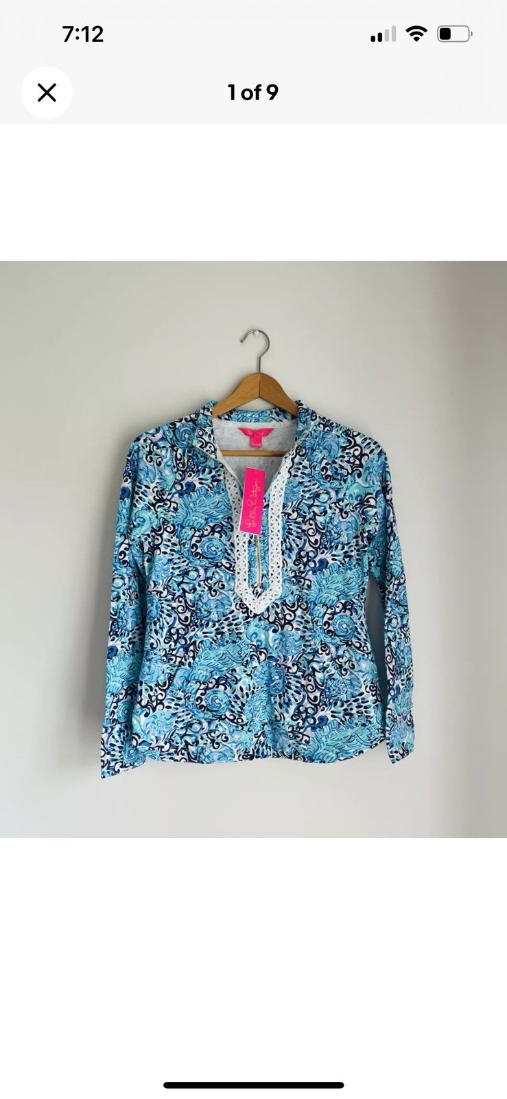Lilly Pulitzer XS Light Aqua SPRITZ JANIE POPOVER 1/2 Zip Pullover Lace Trim NWT