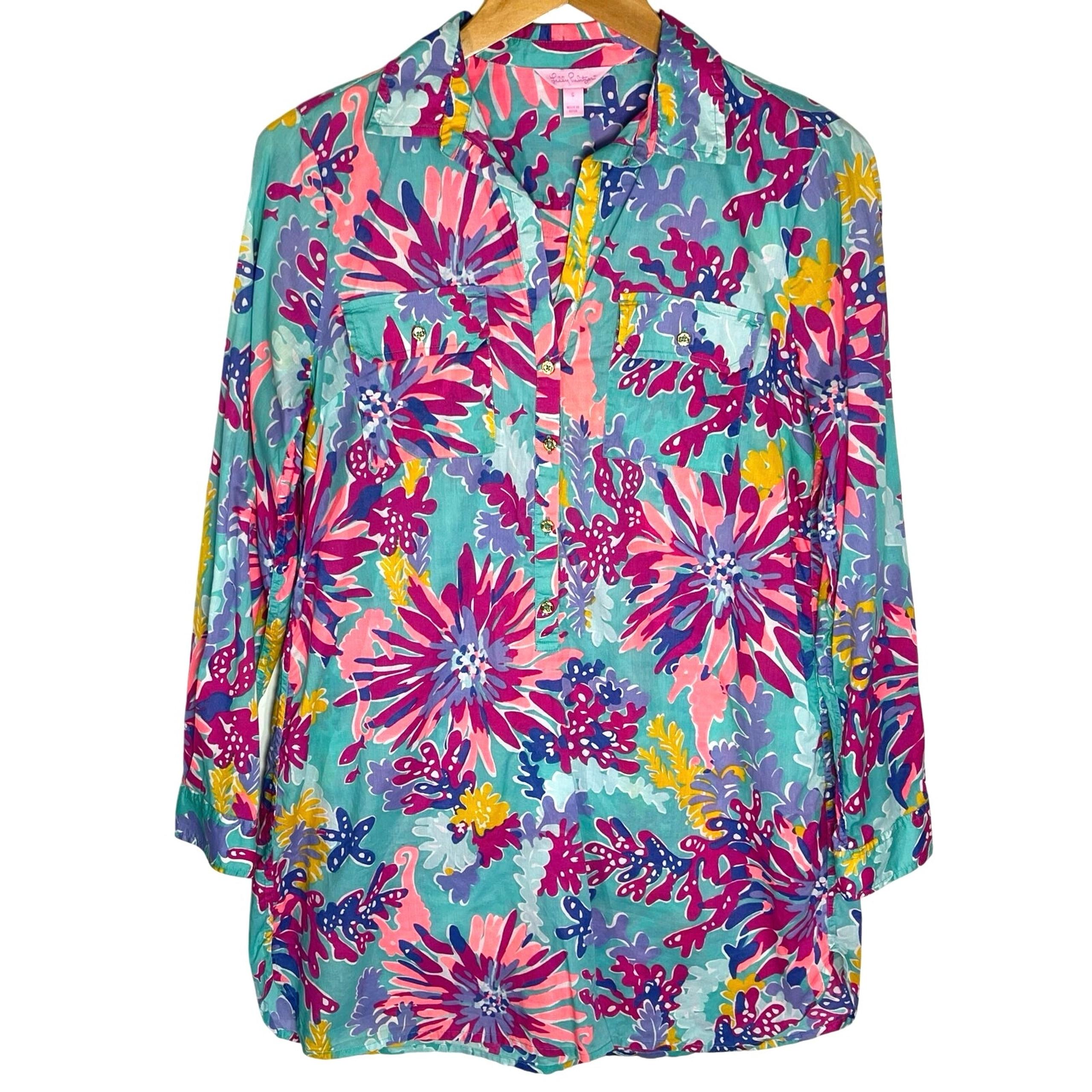 LILLY PULITZER Women’s Captiva Tunic Top Aqua and Pink Topical Print