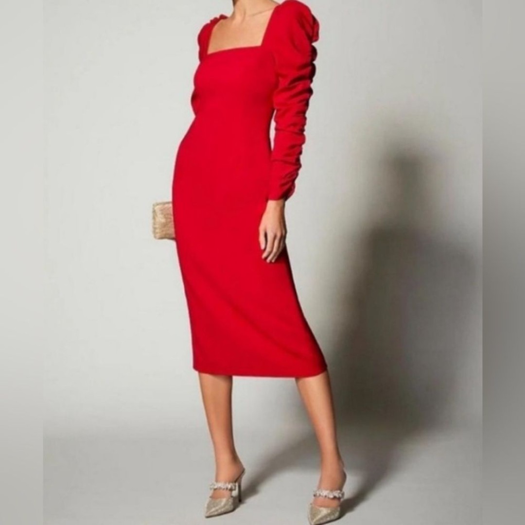 Antonio Melani Elena Crepe Square Neck Long Ruched Sleeve Midi Dress Size 0