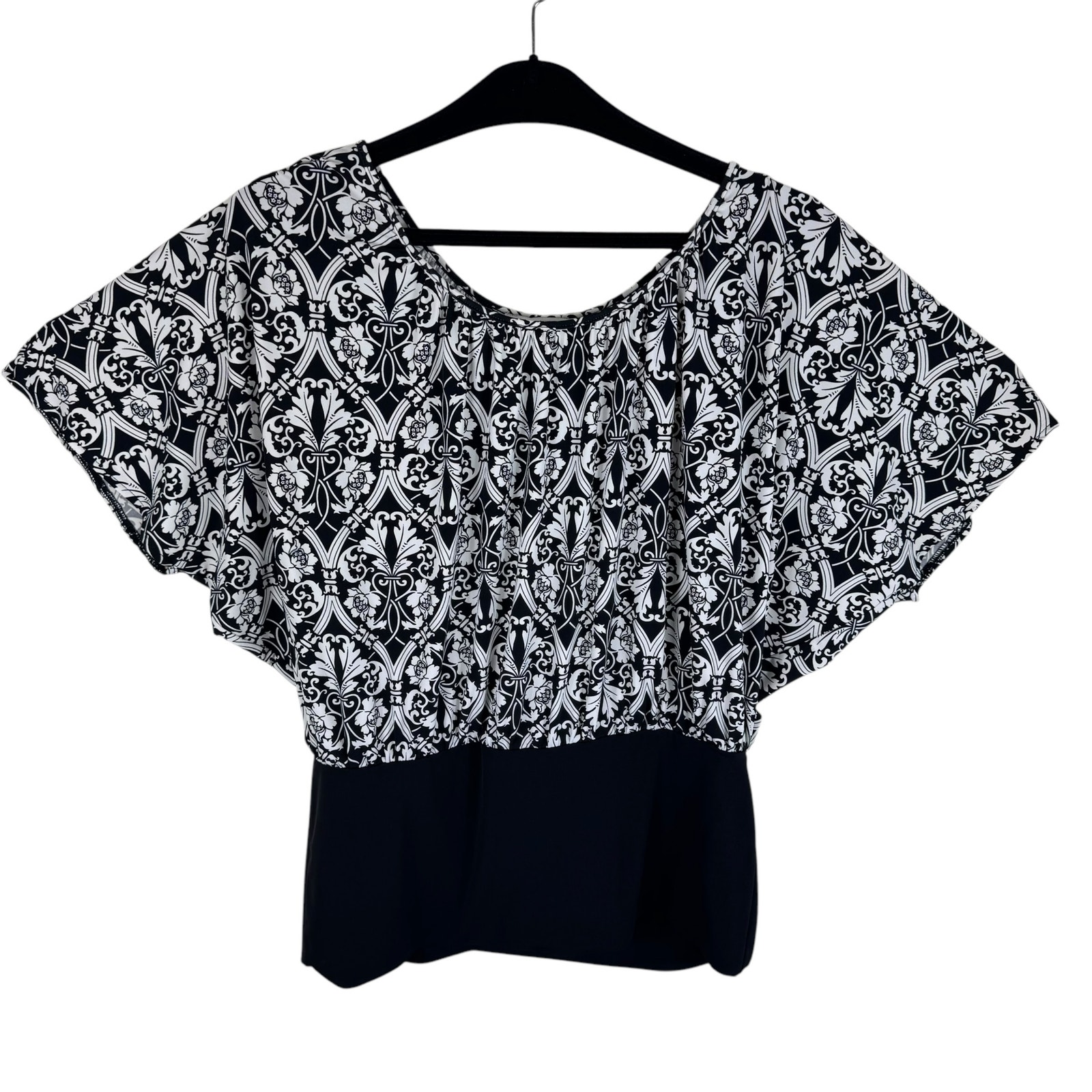 White House Black Market Black White Short Dolman Sleeve Stretchy Blouse Size L