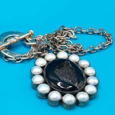 Vintage True Pearls & Black Onyx Pendant Necklace on Sterling Silver