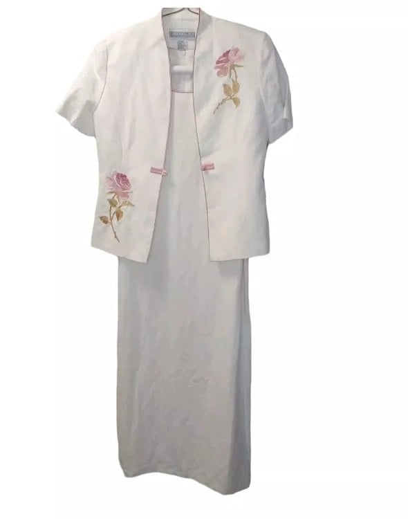 Jessica Howard Linen Maxi Suit Dress Jacket Woman 8 White Floral Embroider NWT