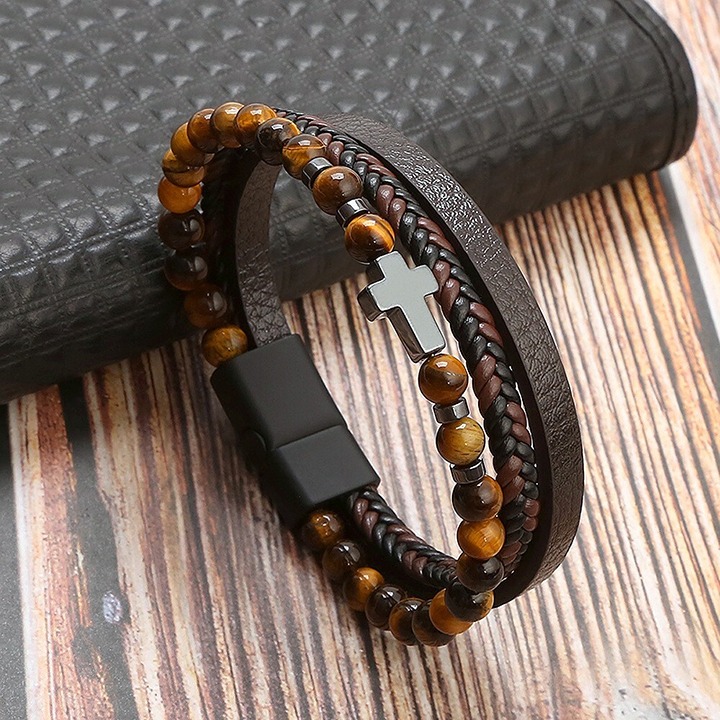Men's Cross Leather Braided Bracelet Tiger's Eye Stone Bracelet Cuff Bangle