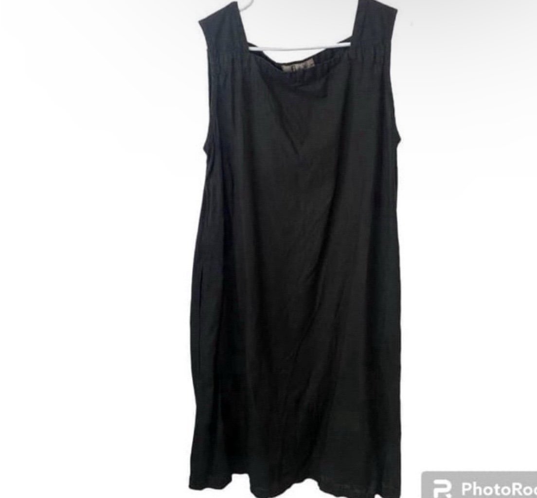 Flax Dress 100% Linen Dress Lagenlook Square Neck Pockets A-Line Black Tunic M