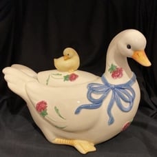 Lenox Poppies on Blue Soup Tureen Chinastone Duck Goose with Lid