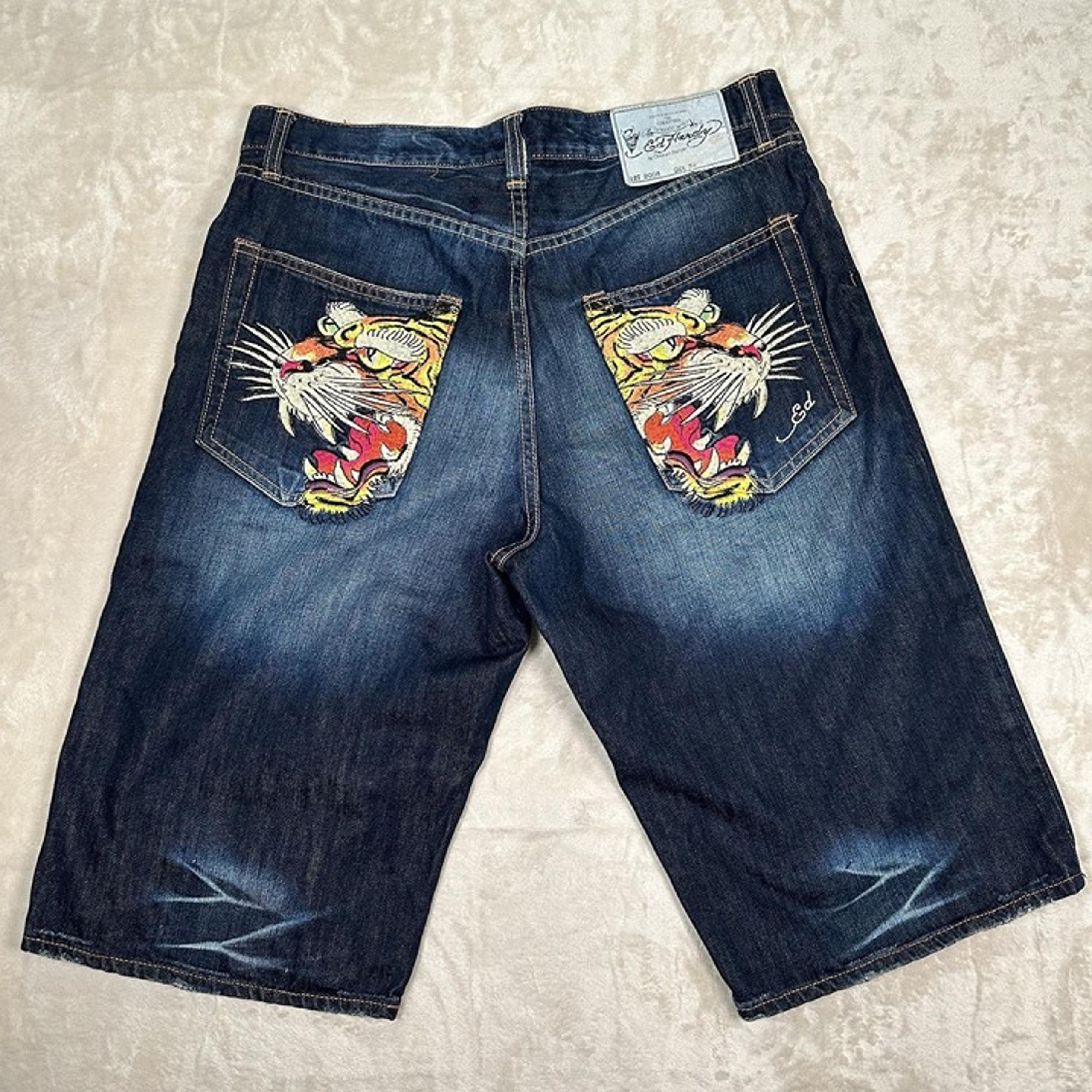 Embroidered Tigers Baggy Skater Jean Shorts Lot 2008 Men’s Size 34 Y2K - Ed Hardy