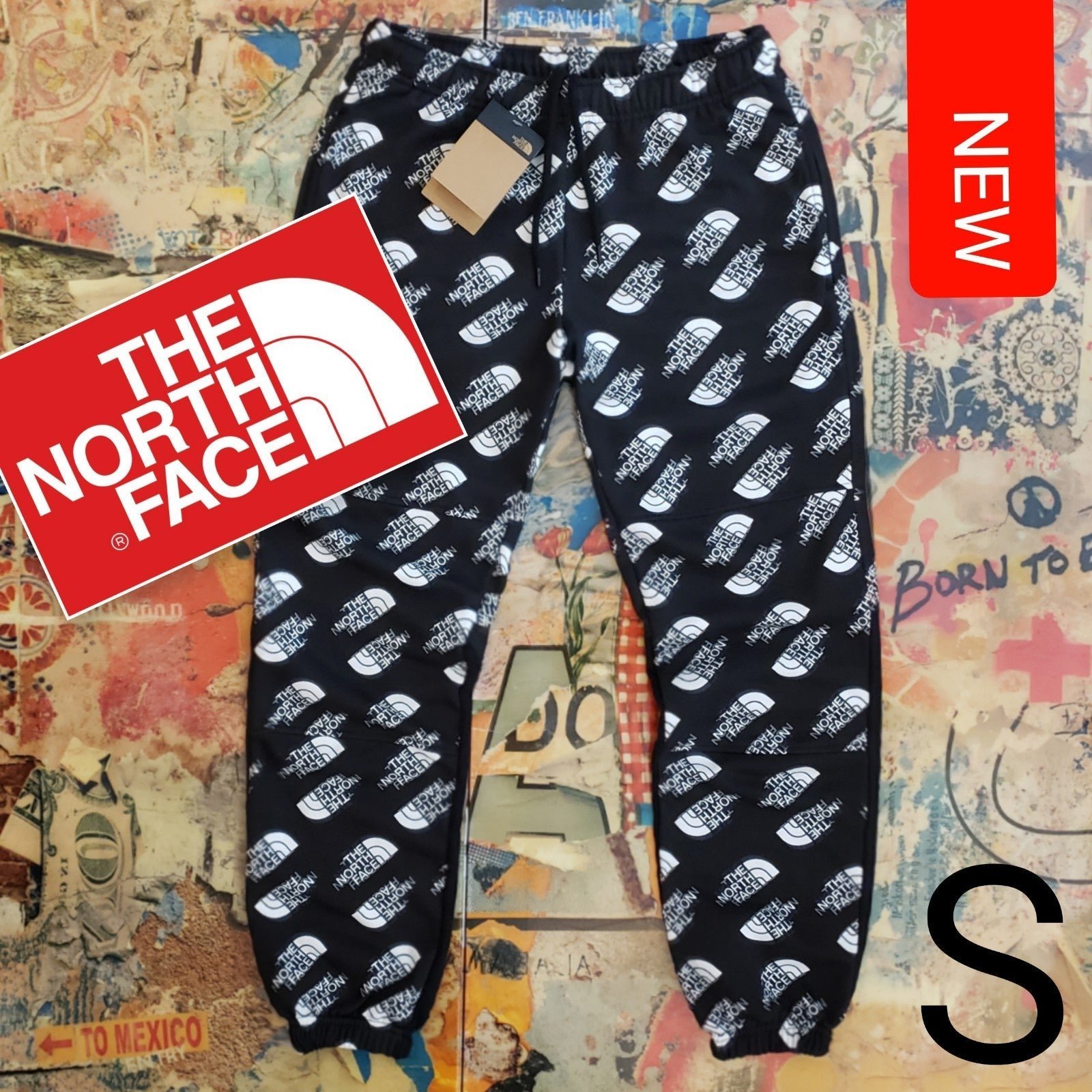 75 New The North Face Mens Black AOP Fleece Joggers! S