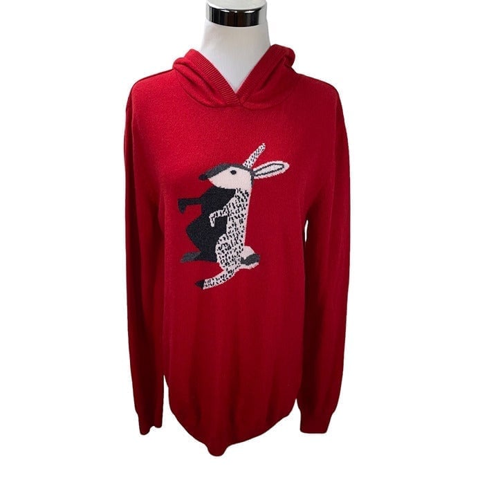 New Barbour x Bella Fraud Red Bunny Rabbit Merino Cashmere Hoodie Sweater Size M