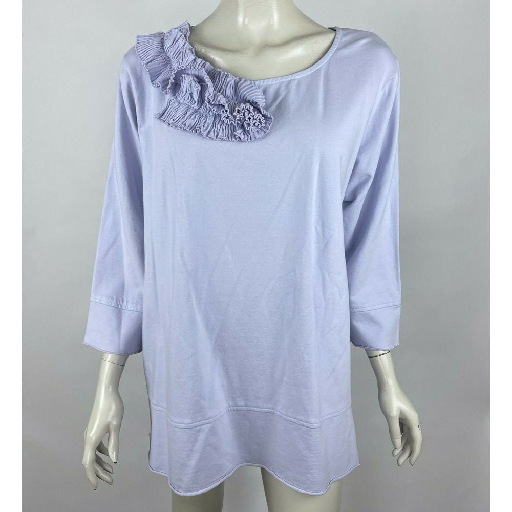 Fenini Lilac Top 3/4 Sleeve Stretch Cotton Blend Pleated Boat Neck Women 1X NWT