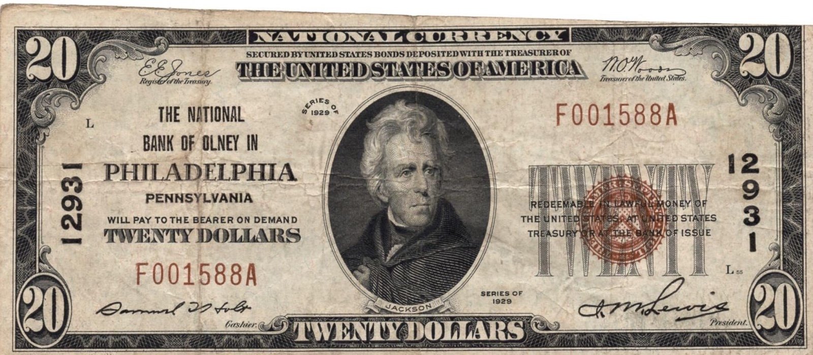 1929 Bank Of Onley Philadelphia 20 (20 Known )