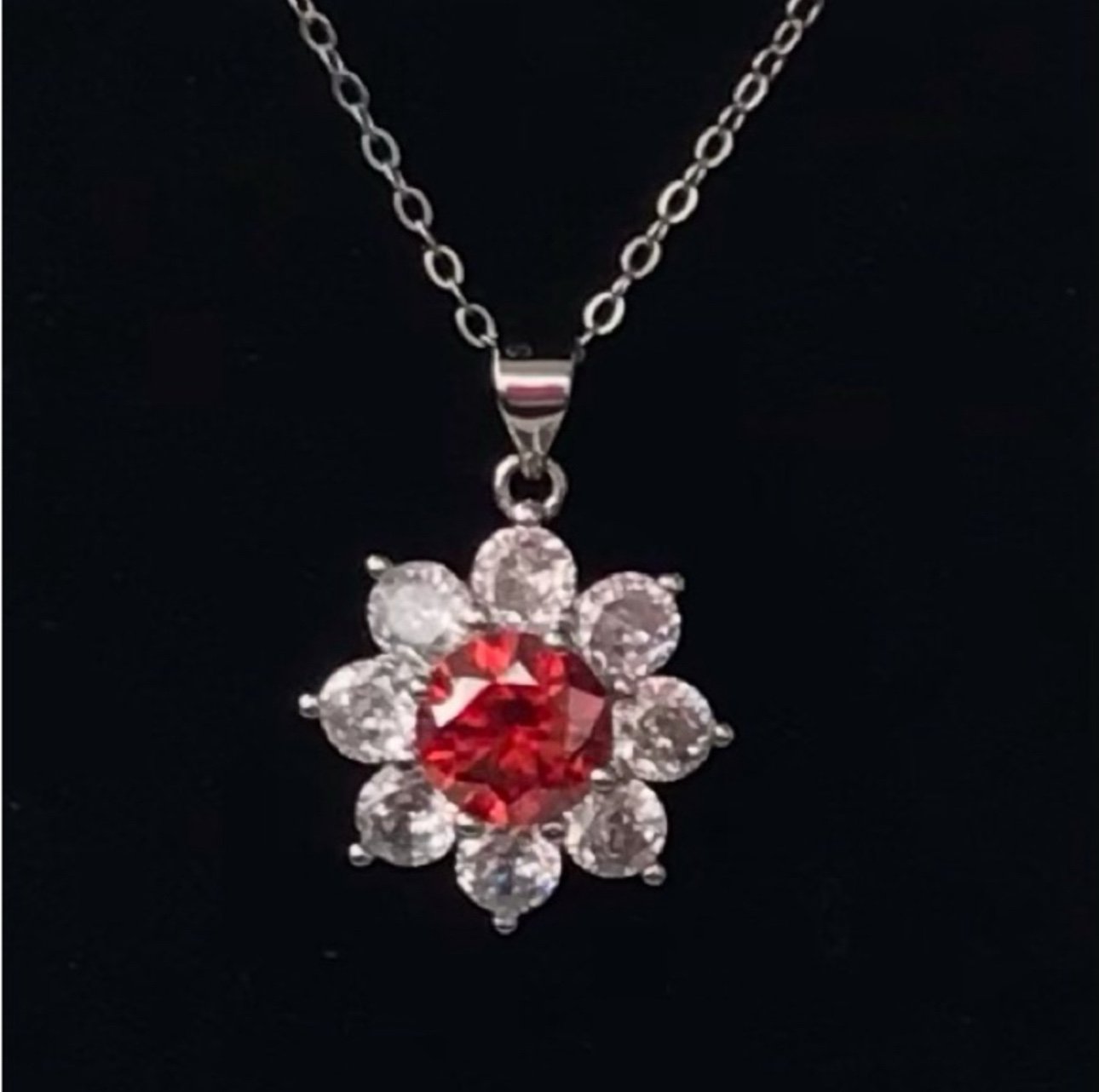 Vibrant Red Moissanite Sterling Silver Flower Pendant