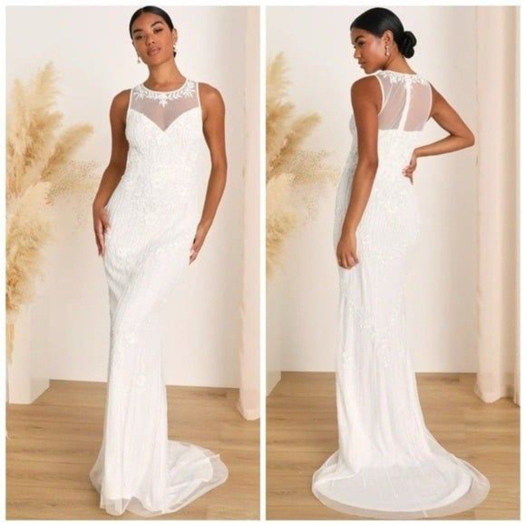 Lulus Modern Fairytale White Mesh Beaded Sequin Mermaid Maxi Dress Size Small