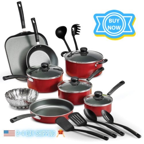 18 Piece Non-stick Cookware Set, Red
