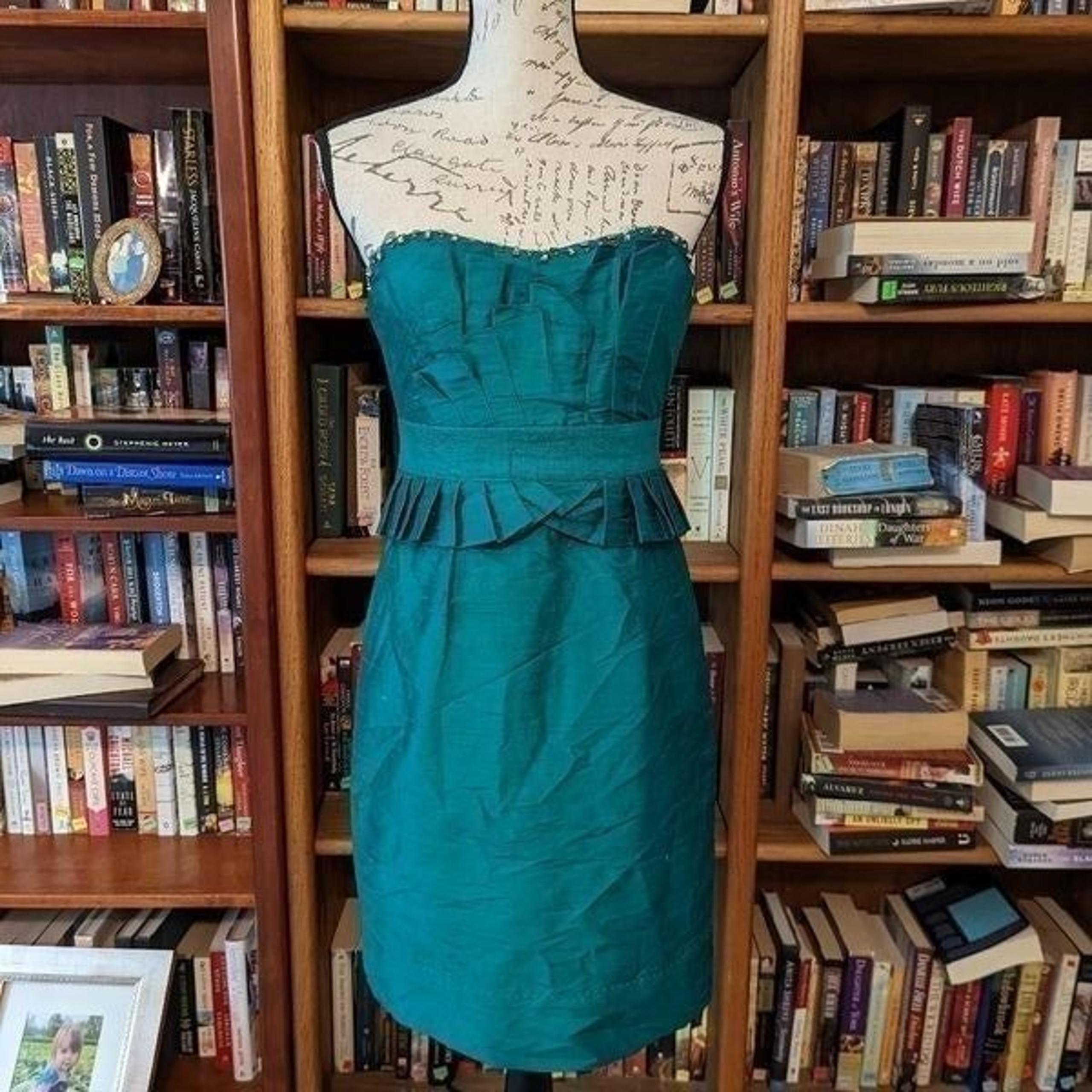 Phoebe couture emerald green dupioni silk strapless rhinestone embellished dress