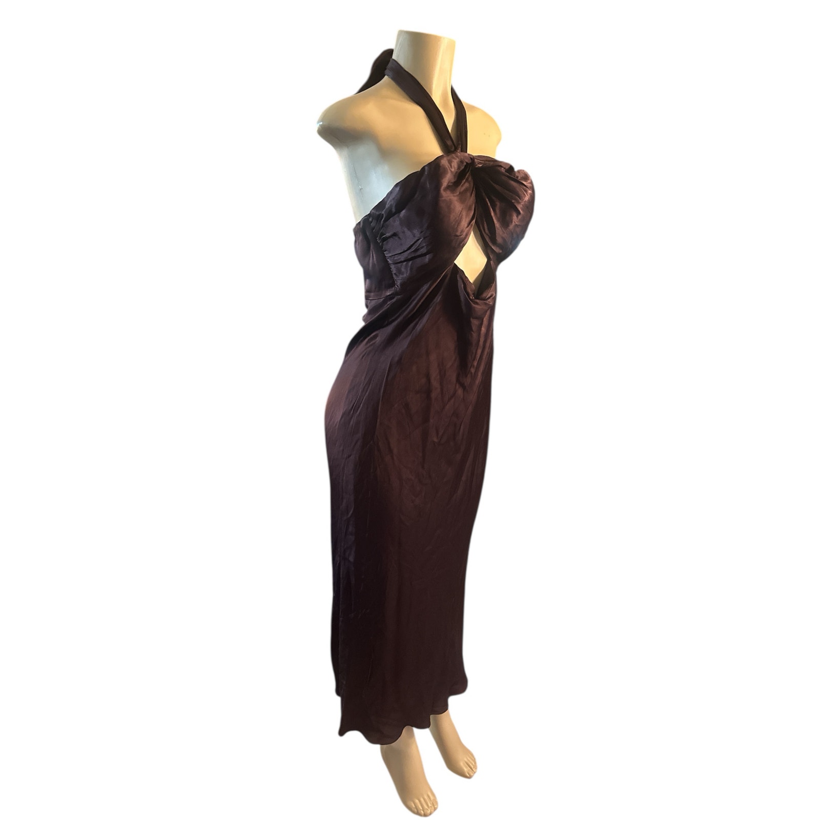 Women US-10 Shona Joy Lana Ruched Halter Midi Dress Gown Cocoa Brown Satin