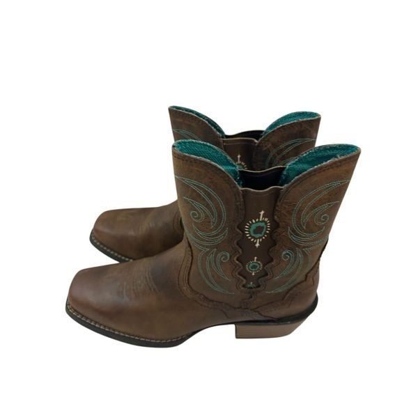 Justin western ankle boots womens 7b L9514 brown turquoise pull on
