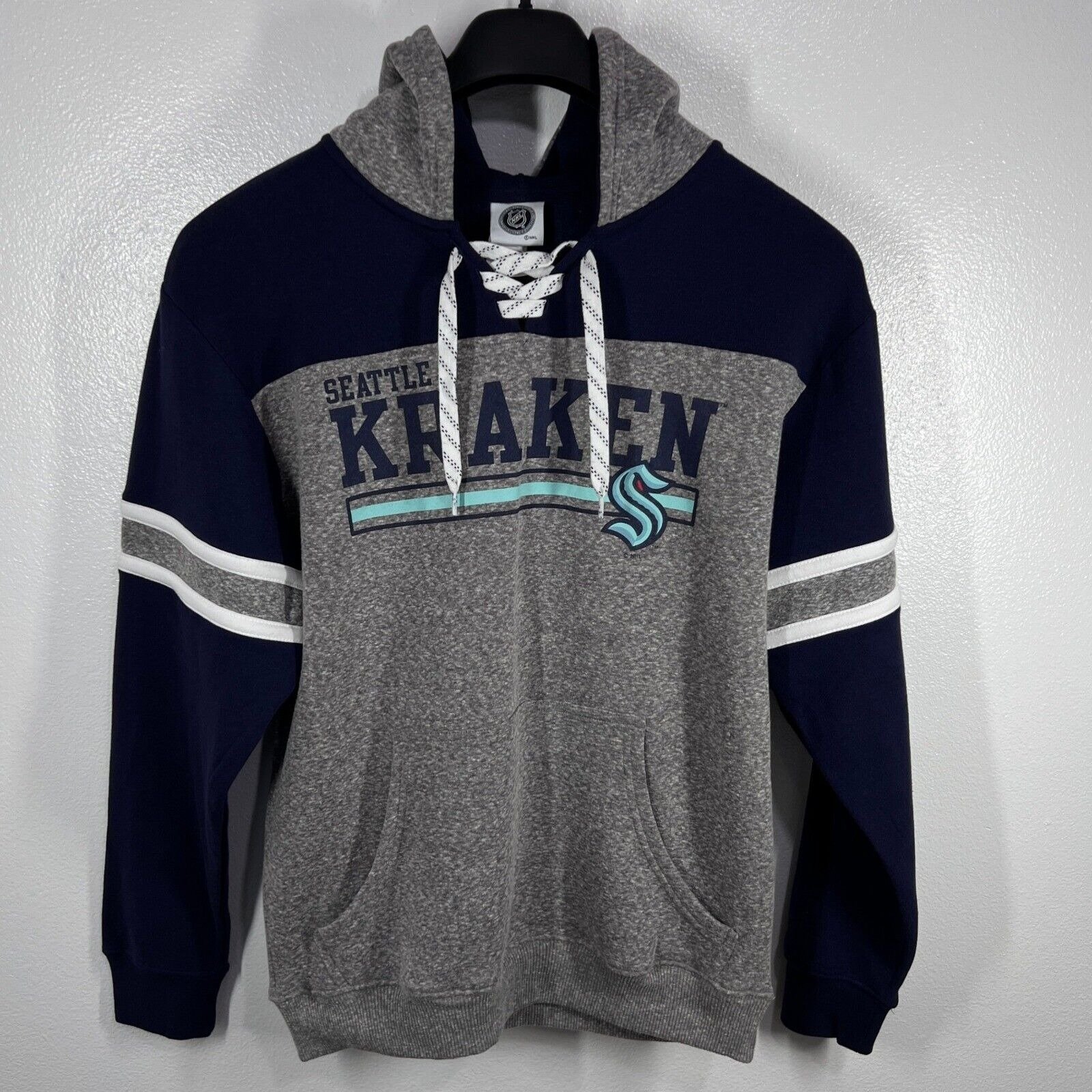 NHL Seattle Kraken Hockey Lace Up Pullover Hoodie Striped Sleeves Medium Logo