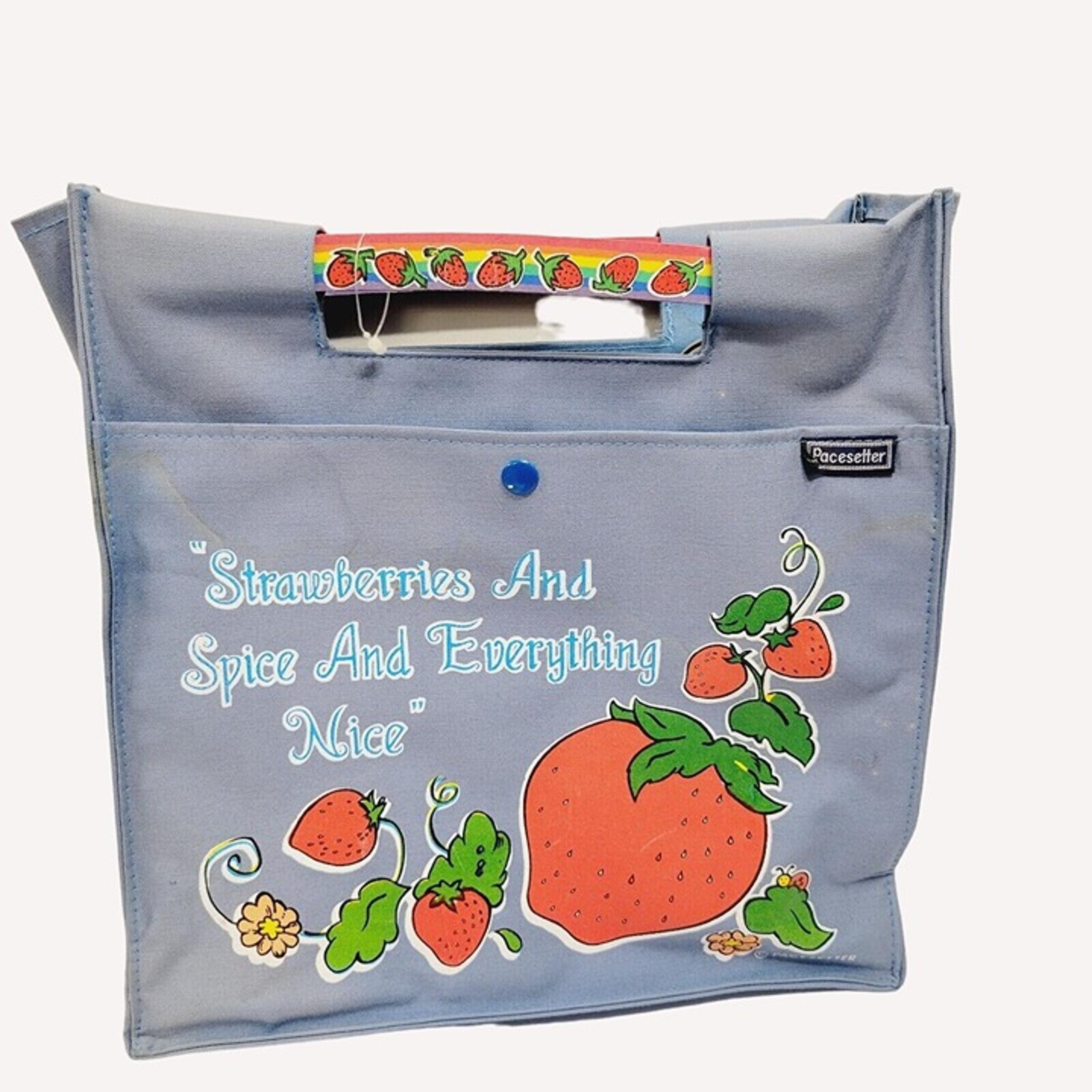 Vtg 80's Strawberry Patch Rainbow Handle Blue Canvas Sewing Pacesetter tote Bag