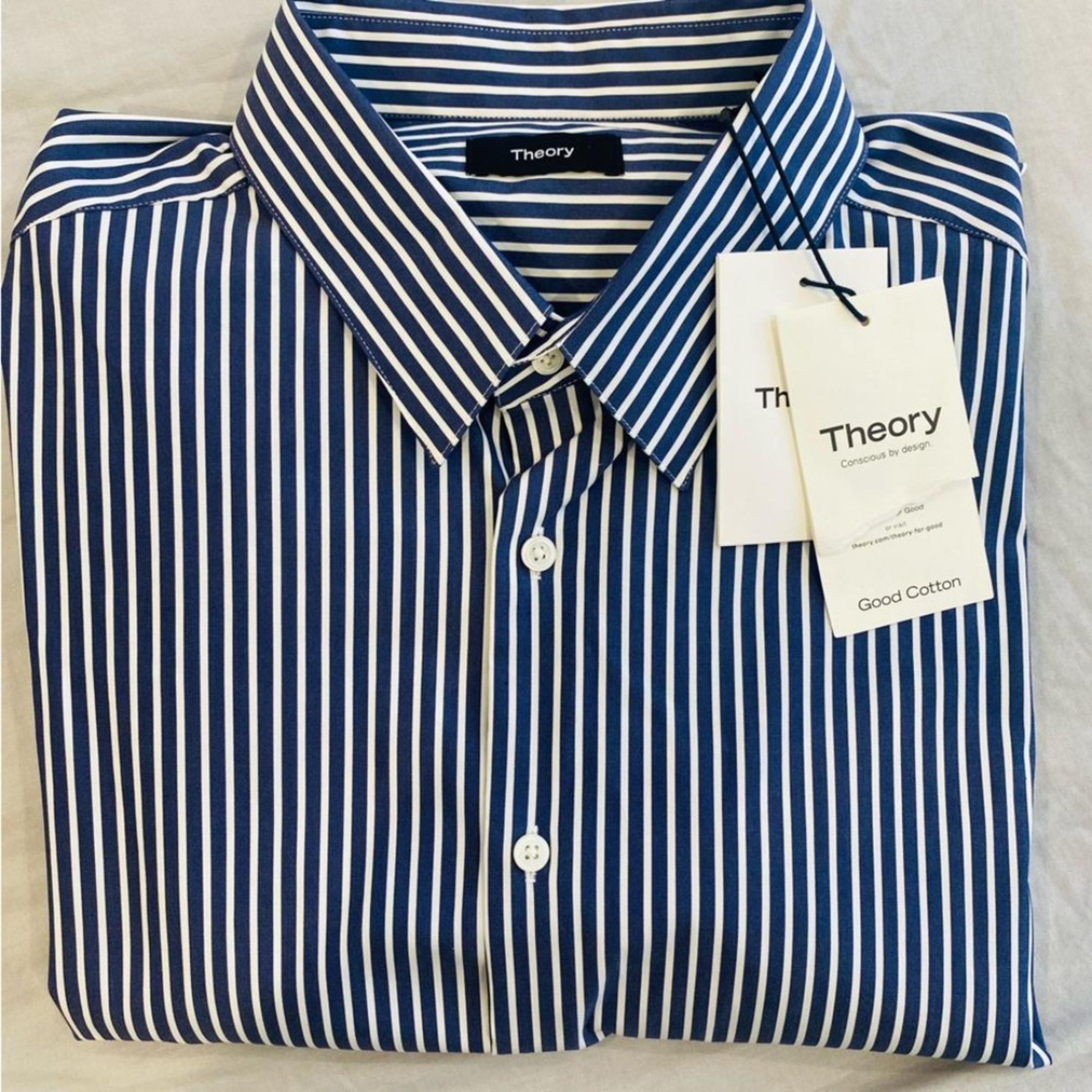 Theory Men’s Irving Striped Dress Shirt XL in Baltic/White
