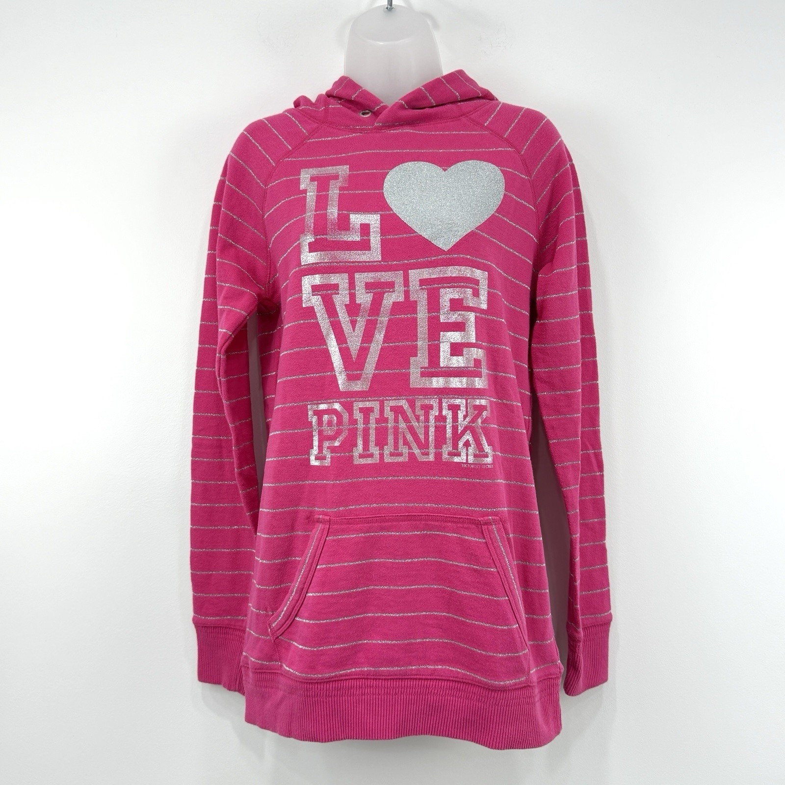 Victorias Secret Pink Hoodie Womens S Pink Striped VTG Y2K Graphic Love Metallic