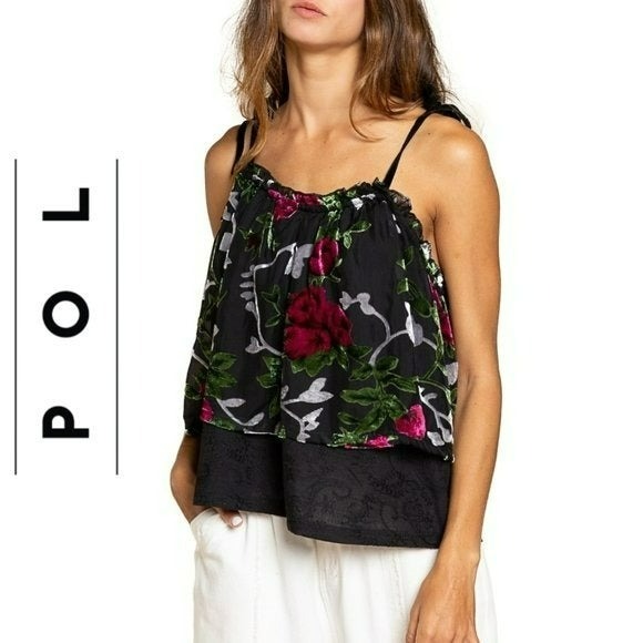NWT POL Flower Burnout Velvet Double Layered Ruffle Trim Cami Top