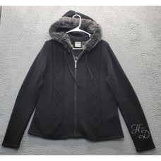 Harley Davidson Motorcycle Hoodie Womens XL Black Rare Faux Fur Trim Hood Zip Up