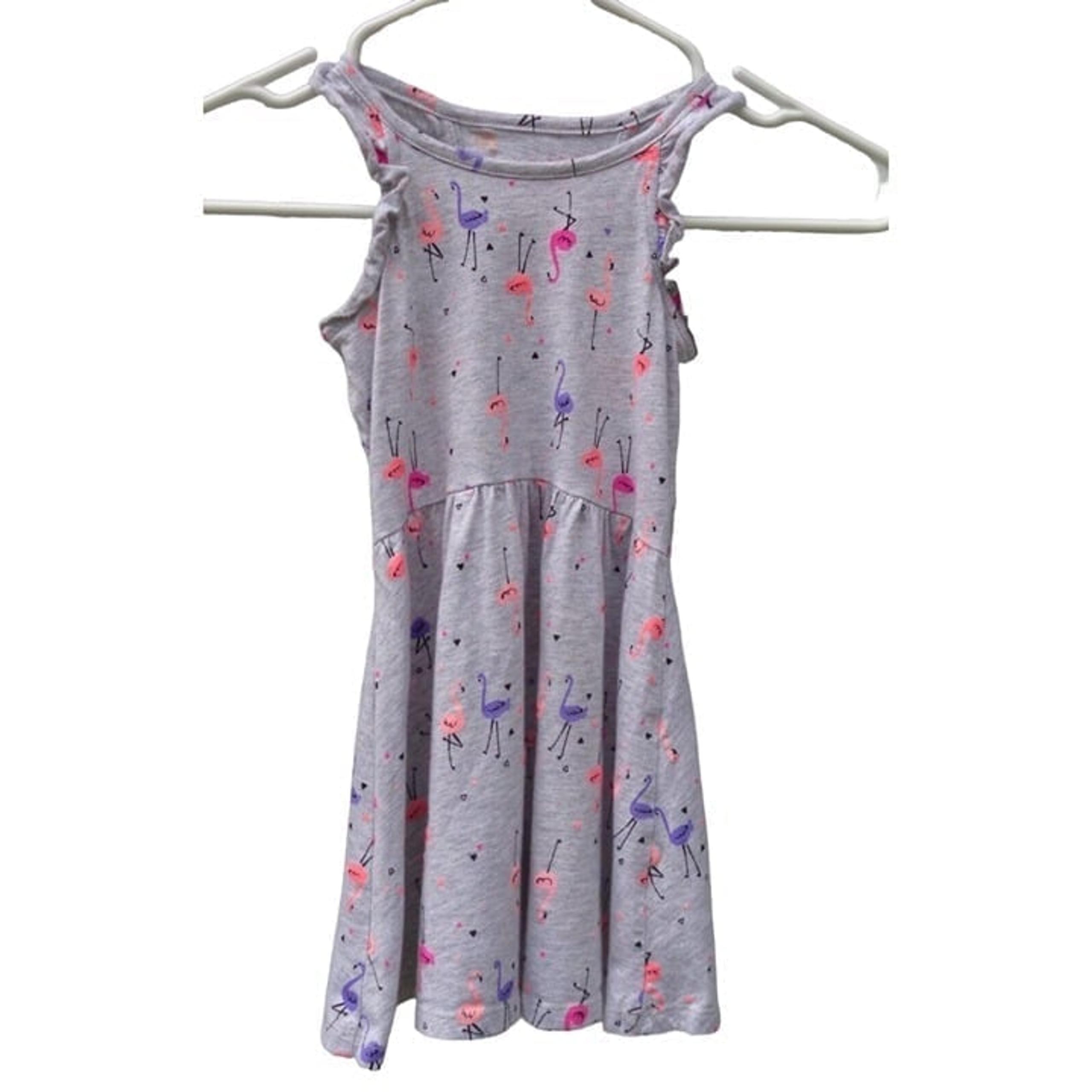 Jumping Beans Gray Multicolor Flamingo Print Dress Sz 4 4T Knee Cotton Casual