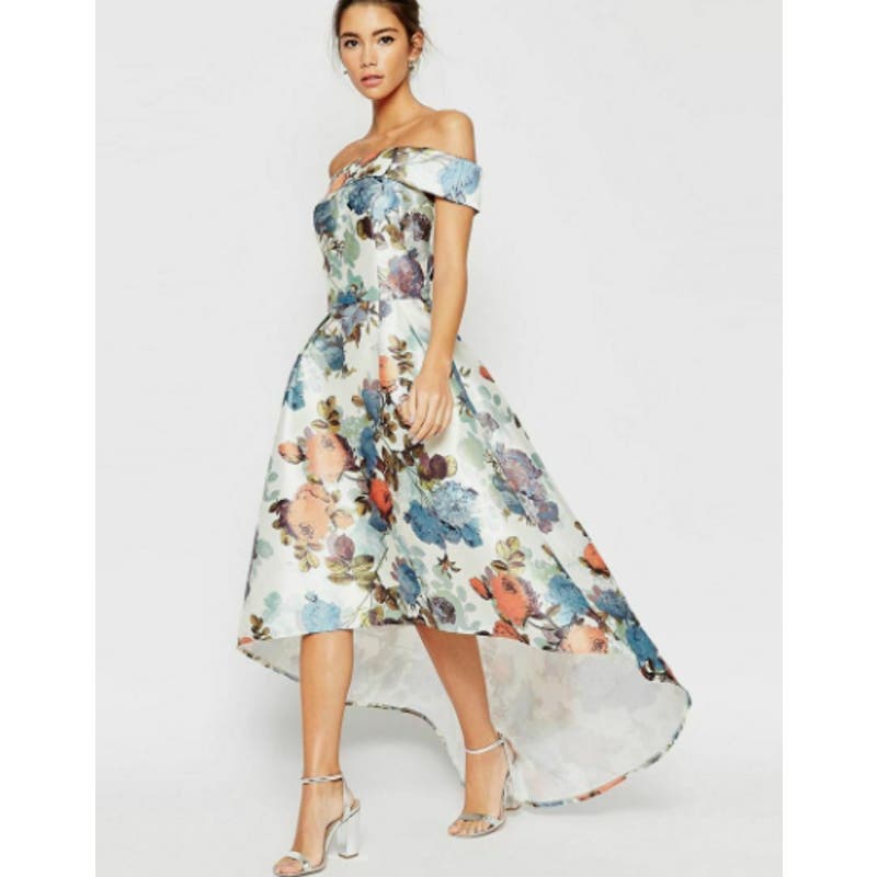 Chi Chi London Floral Bardot Hi Lo Low Dress Gown Midi Maxi UK 10 US 6