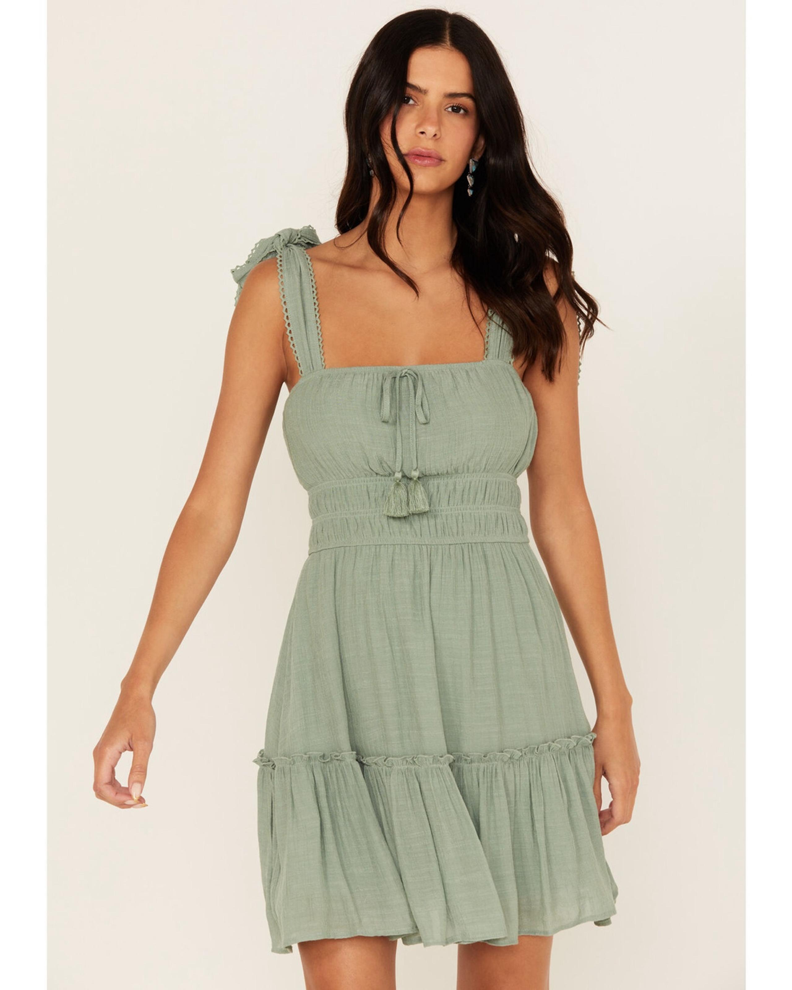 Trixxi Women's Smocked Waist Mini Dress Size Small Sage Green Tie Straps NWT