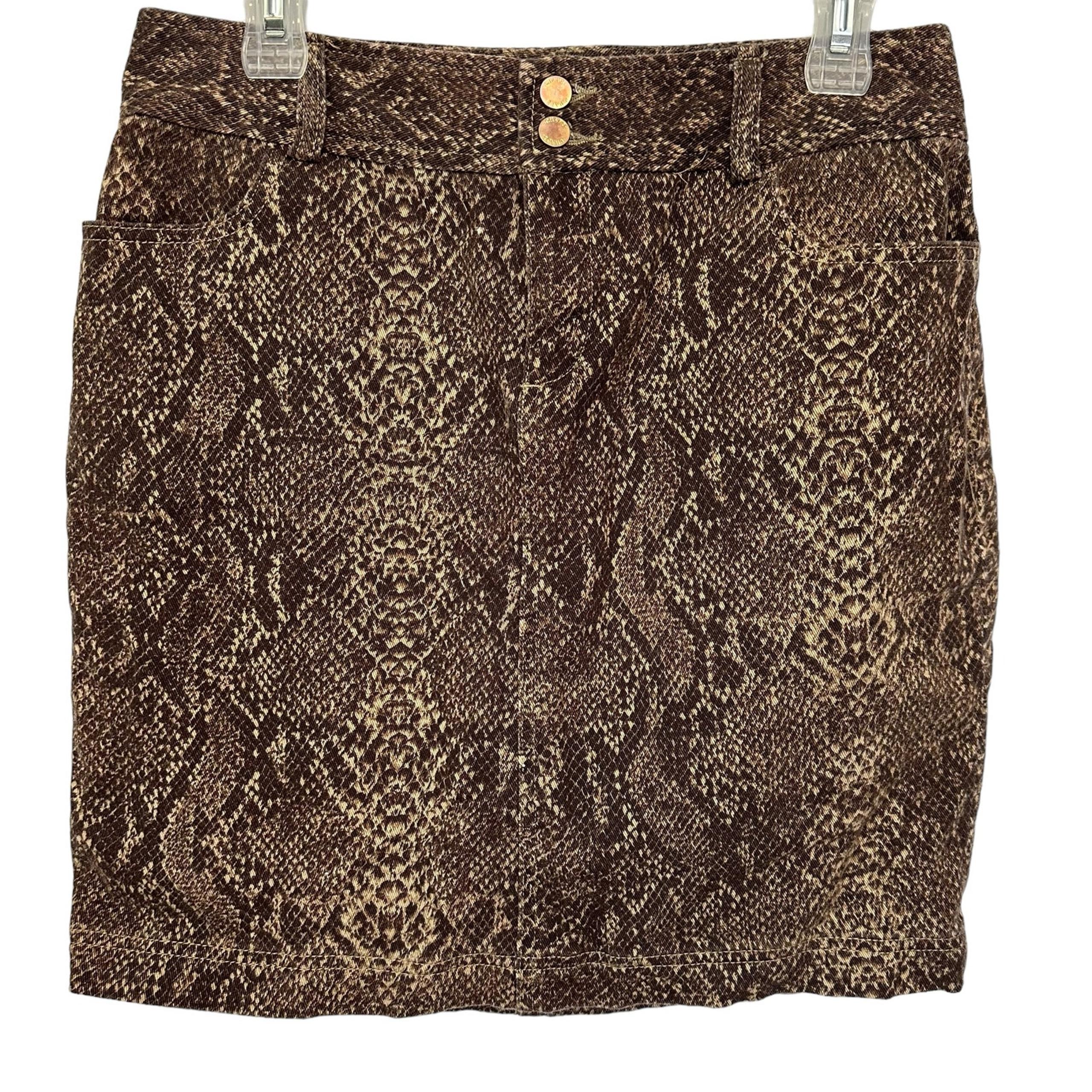 Chaps Snakeskin Print Denim Mini Skirt Brown Pockets Festival Summer Fall Size 6