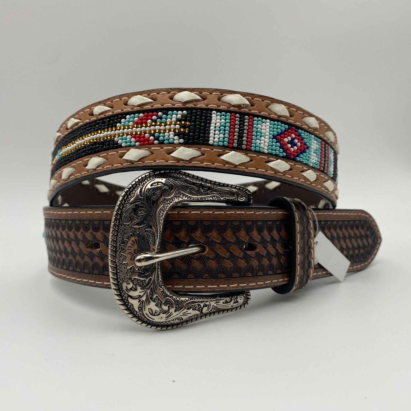 Ariat Women's Western Belt Size 40 Beaded Tooled Leather Turquoise Concho Silver