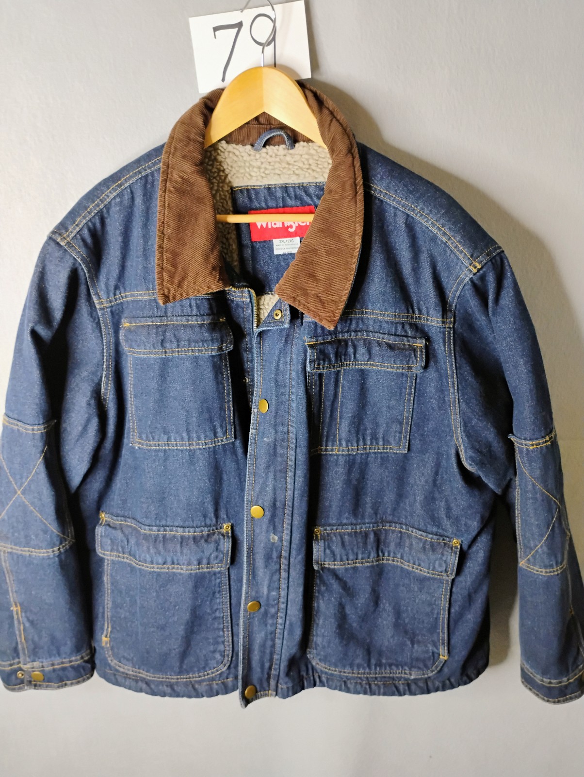 Wrangler Jacket Blue Denim Sherpa Lined Corduroy Trim Chore Coat Mens Size 2XL