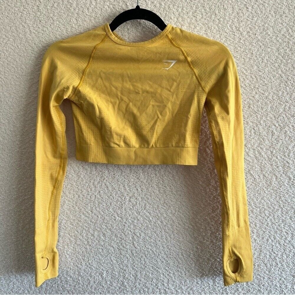 Gymshark Women's Vital Yellow Seamless Crop Long Sleeve Top Stretch Size Small