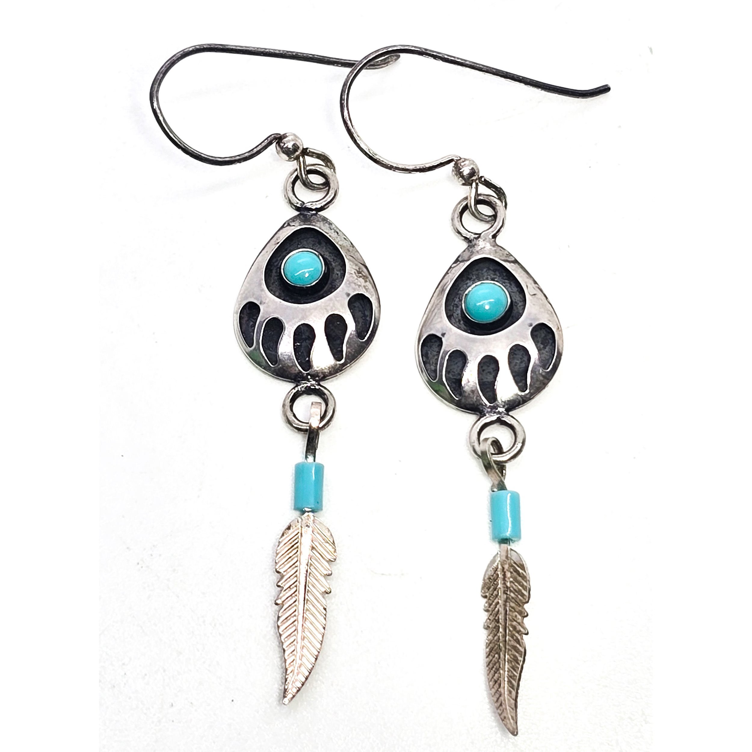 Bear Paw Shadowbox sterling silver block turquoise Southwestern feather drop ea