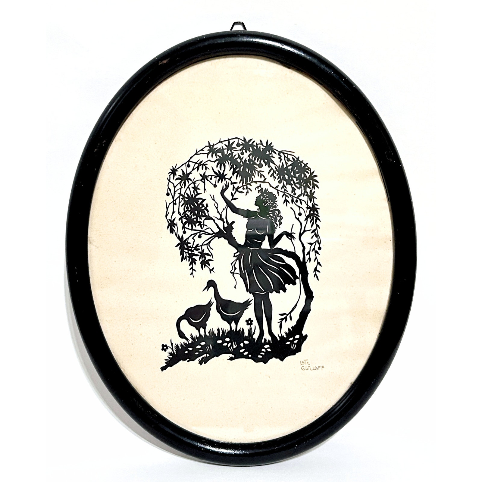 Vintage Lotte Gützlaff Paper Cut Out Silhouette Art * Signed Goose Shepherd